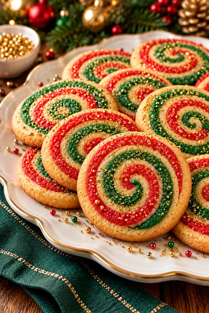 Red and green Christmas pinwheel cookies with distinct spiral layers and gold sprinkles, displayed on a cream ceramic dessert plate with elegant festive greenery.