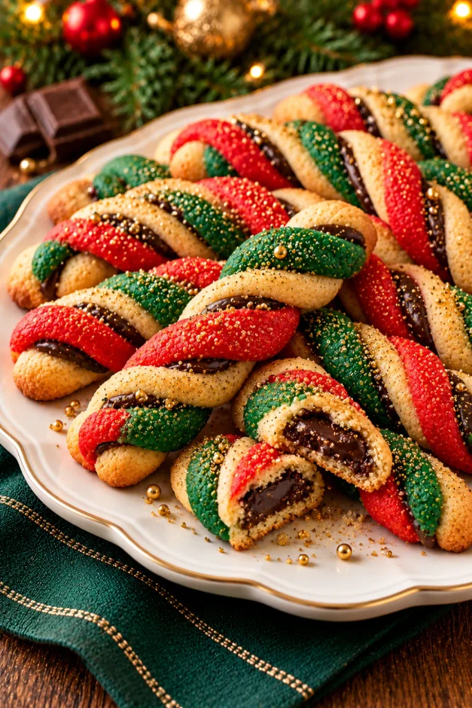 Red and green Christmas cookie gift twists decorated with gold sanding sugar, neatly arranged in a parchment-lined holiday gift box with forest-green ribbon and festive Christmas accents. 