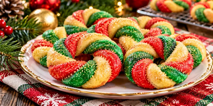 Red, green, and gold Christmas twist cookies made easy, featuring colorful braided sugar-coated cookies on a gold-rimmed plate with festive ornaments, evergreen branches, and cozy holiday decorations.