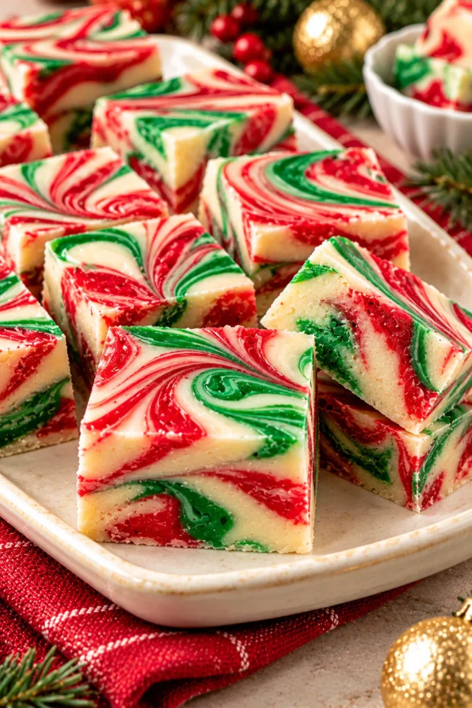 Red and green swirled Christmas fudge made with creamy white chocolate, festive gel food coloring, and vanilla, cut into colorful squares for easy holiday desserts and Christmas party treats.