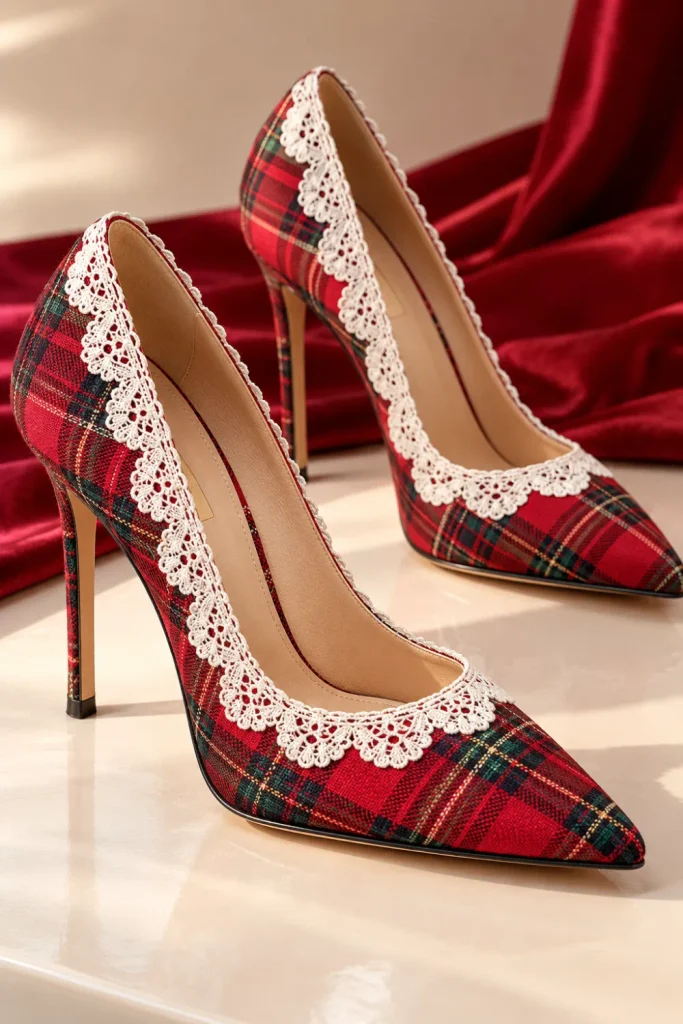 Red tartan plaid high heel stiletto pumps with white scalloped lace edging, pointed toes, and elegant vintage-inspired detailing.