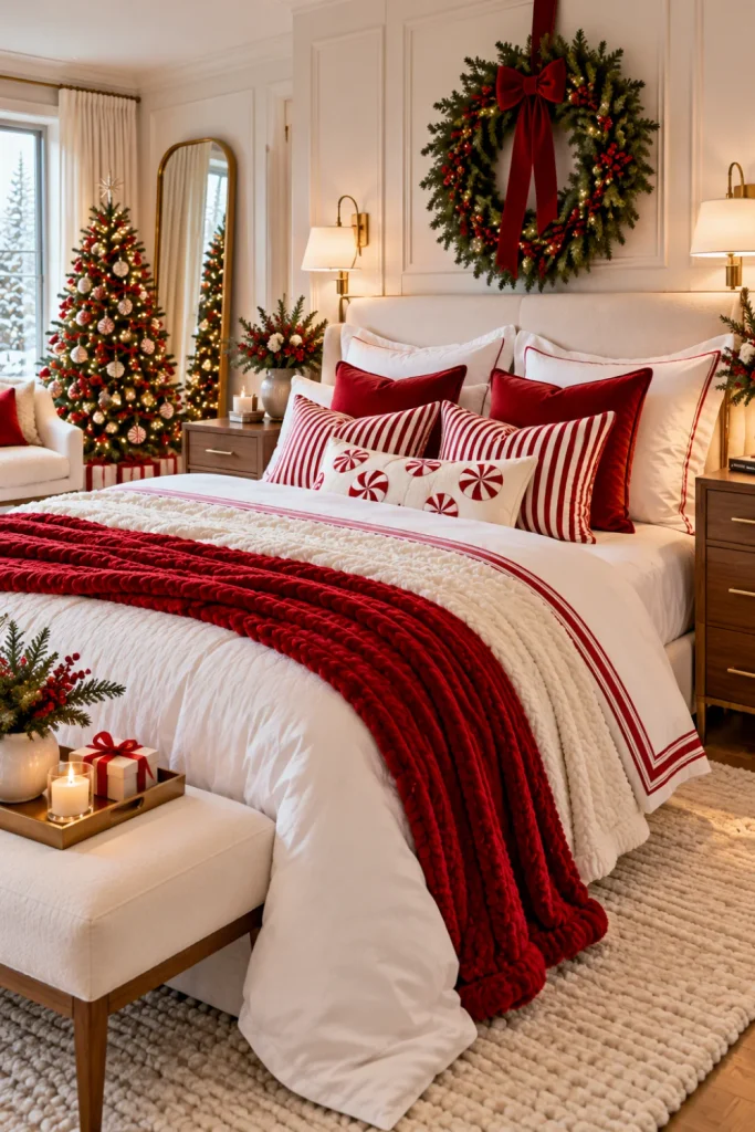 Cozy Christmas bedroom decor ideas for a festive retreat featuring a modern red-and-white Christmas color scheme, white bedding, candy cane striped cushions, festive wreath, elegant furniture, and warm accent lighting.
