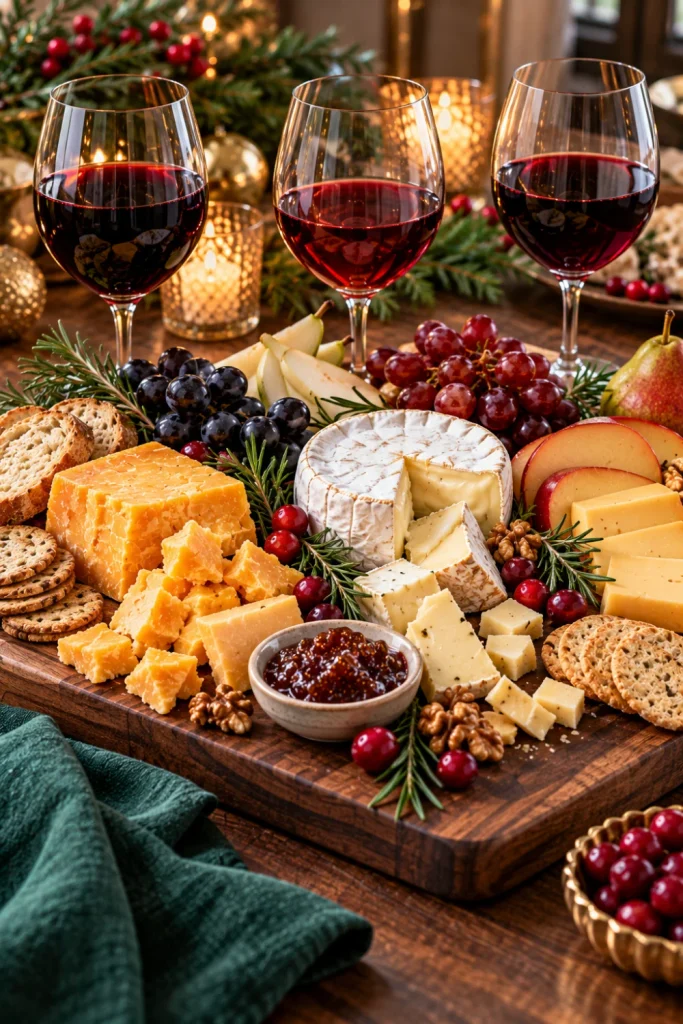 Red wine and cheese pairings featuring Cabernet Sauvignon with aged cheddar, Pinot Noir with Brie and Gruyère, and Merlot with Gouda on a festive wine tasting board.