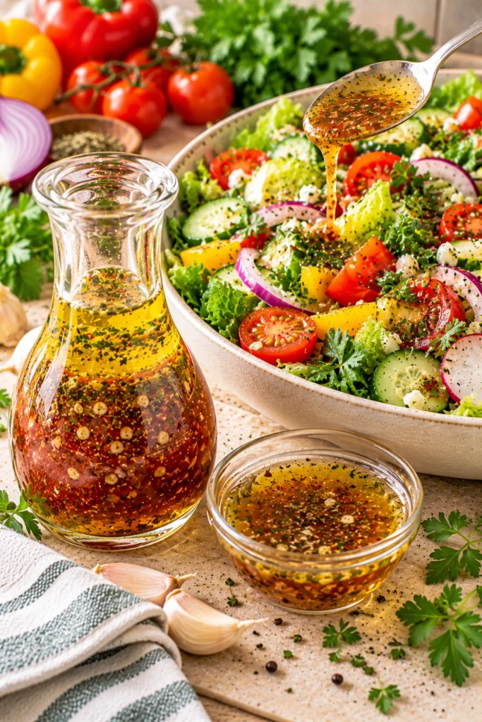 Red wine vinegar Italian dressing with olive oil, garlic, oregano, and Italian herbs served beside a crisp colorful salad with greens, tomatoes, cucumber, peppers, radishes, and red onion.