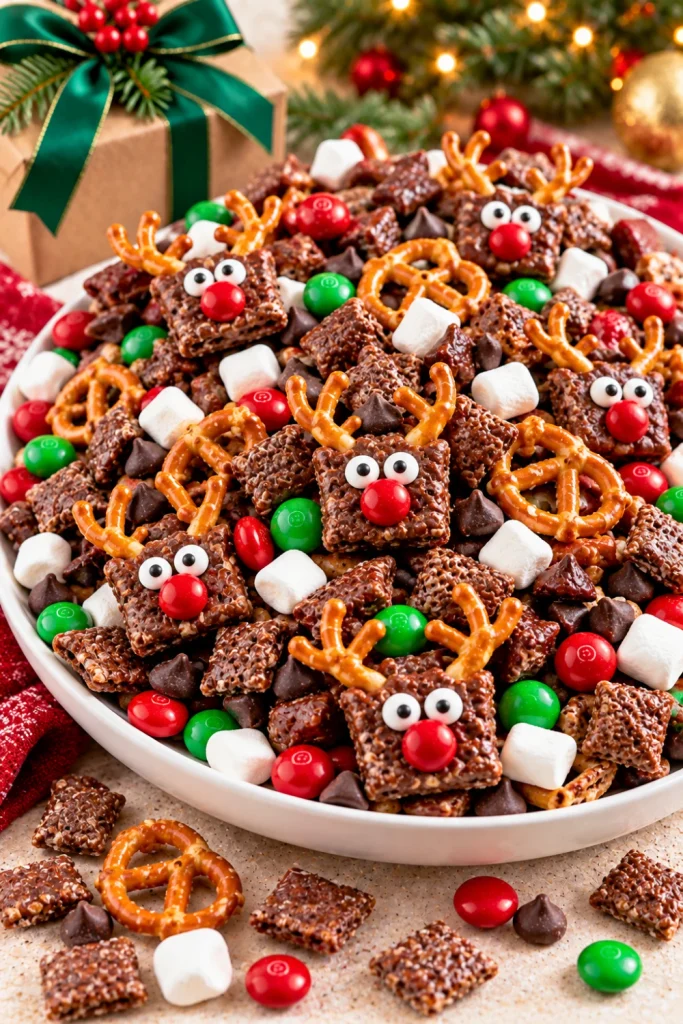 Reindeer Christmas snack mix with chocolate-coated cereal, mini pretzels, red and green candy-coated chocolates, marshmallows, and cute reindeer-themed snack clusters for festive family parties.