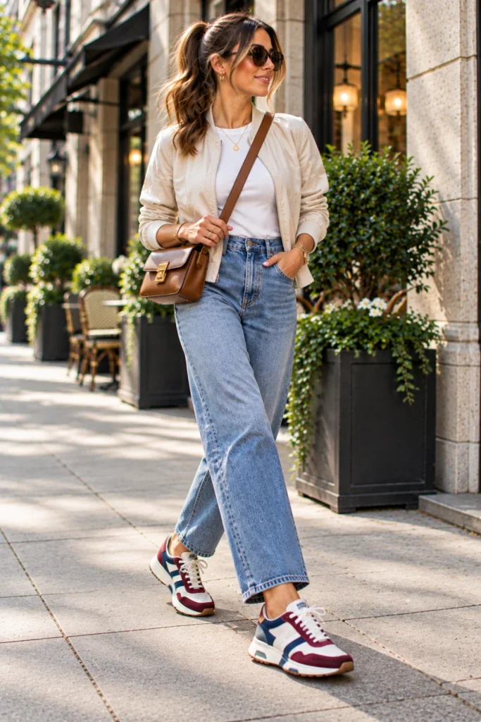 A woman wearing colorful retro runner sneakers with relaxed denim, a fitted top, lightweight bomber jacket, crossbody bag, and polished contemporary hairstyle in a modern casual street setting.