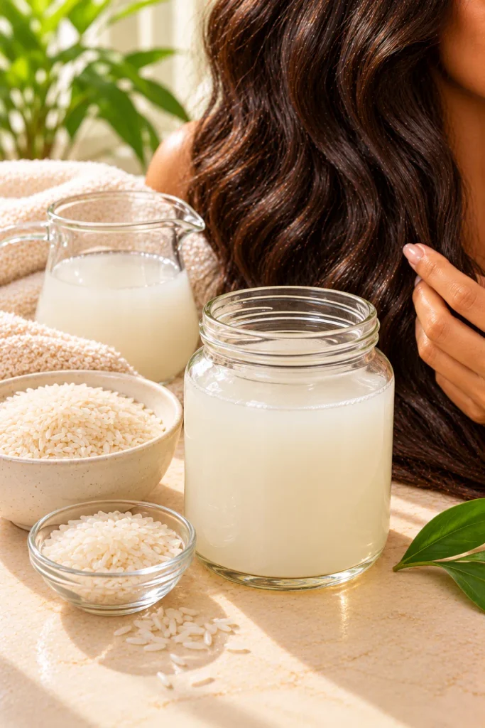 Homemade rice water hair rinse for a simple at-home hair routine, featuring strained milky rice water in a clear glass jar, white rice, and natural wavy hair.