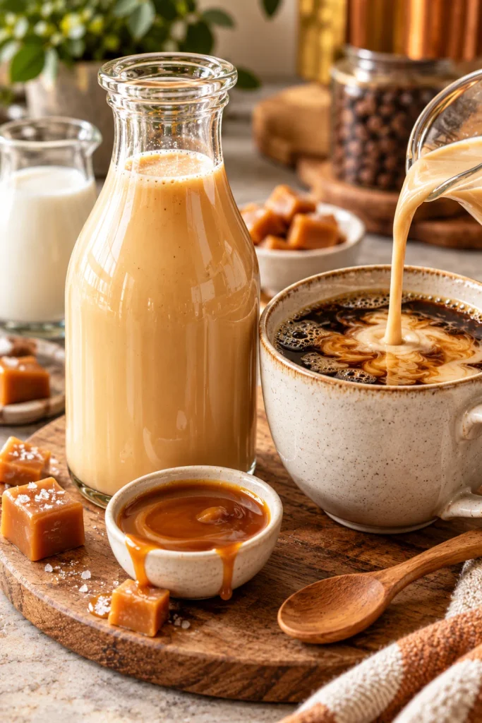 Rich caramel homemade coffee creamer poured into dark coffee beside caramel sauce in a modern coffee setup, featuring an easy homemade coffee creamer recipe.