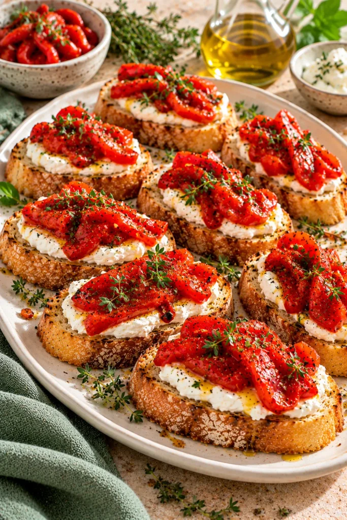 Roasted red pepper and goat cheese bruschetta on toasted baguette slices with creamy goat cheese, glossy sweet red peppers, olive oil, and fresh thyme for gourmet Italian party appetizers.