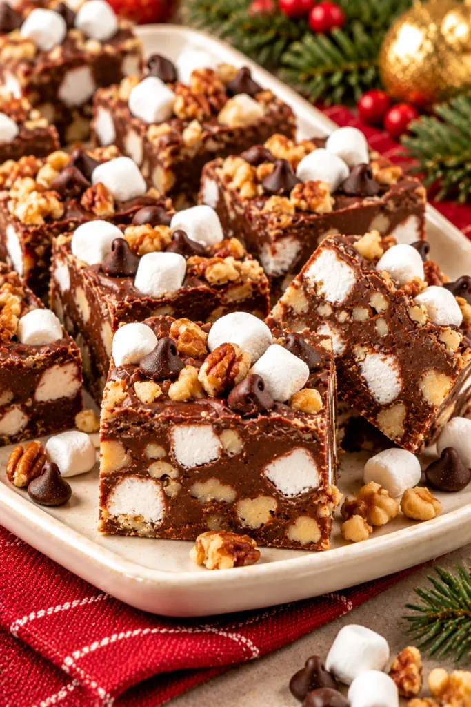 Rocky road Christmas fudge with rich semi-sweet chocolate, fluffy mini marshmallows, and chopped nuts, arranged in thick homemade squares for festive holiday dessert trays.