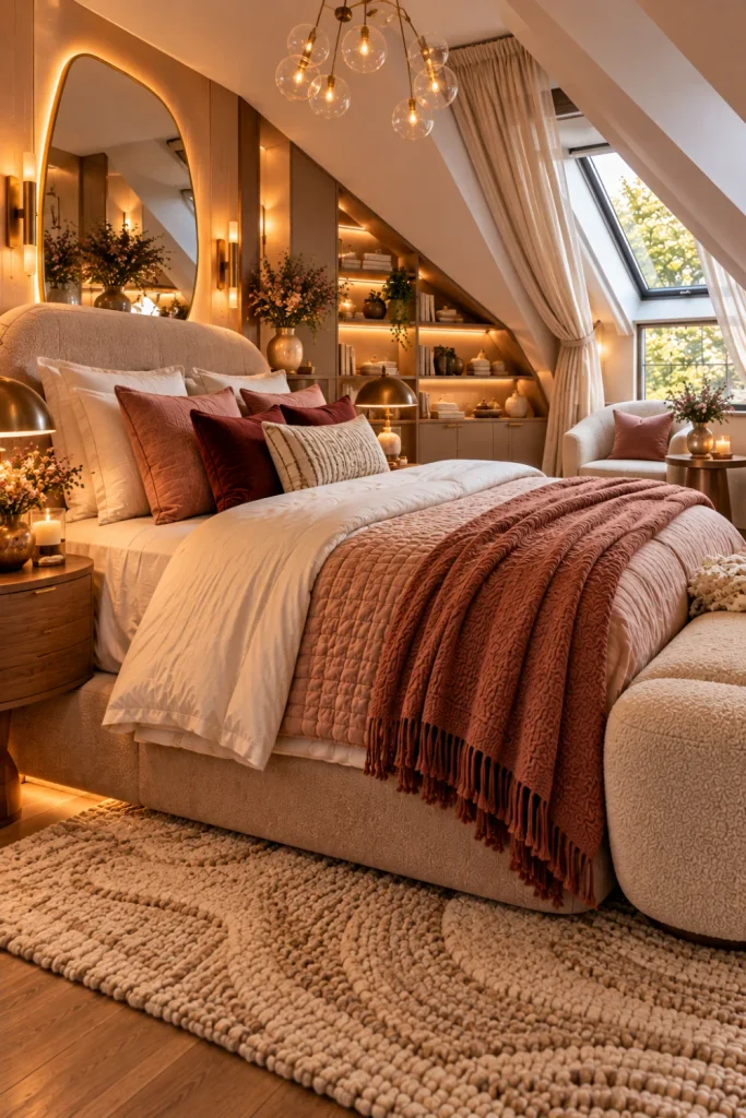 Romantic attic bedroom with soft linen bedding, dusty rose and burgundy accents, curved boucle chair, plush rug, rounded mirror, and warm lighting.