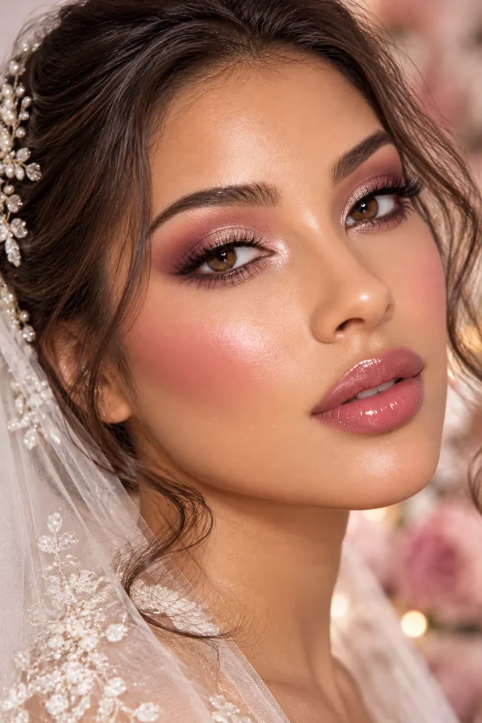 Romantic bridal mauve glam makeup with champagne shimmer eyelids, softly blended mauve creases, fluttery lashes, luminous bridal skin, and glossy rose-pink lips.
