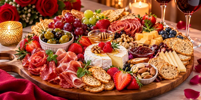 Romantic charcuterie board ideas for date night featuring brie and blue cheese, cured meats, fresh grapes, strawberries, figs, crackers, olives, nuts, and red wine in a cozy candlelit setting.
