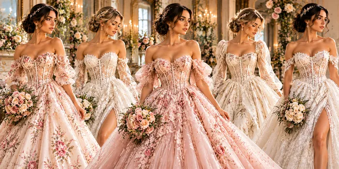 Romantic corset gowns for vintage brides featuring elegant ivory lace, floral embroidery, sheer sleeves, structured bodices, and dreamy ball gown skirts for timeless bridal inspiration.