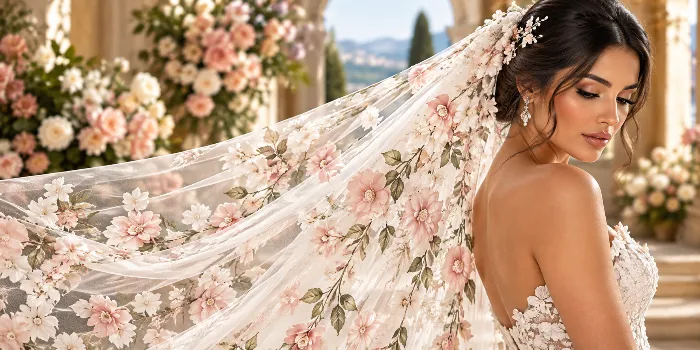 Romantic floral bridal veil with delicate blush and ivory embroidered flowers paired with an elegant lace wedding gown for a dreamy bridal look.