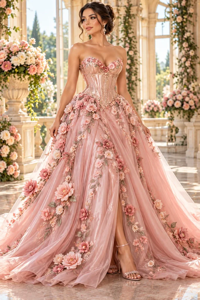 Romantic floral corset gown with vintage Y2K charm featuring a blush-pink structured bodice, delicate rose embroidery, dimensional floral appliqués, and a flowing elegant skirt.