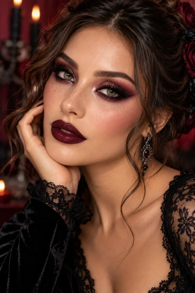 Romantic gothic Halloween makeup with smoky charcoal and plum eyeshadow, deep burgundy lipstick, sculpted cheekbones, dramatic lashes, and luminous skin.