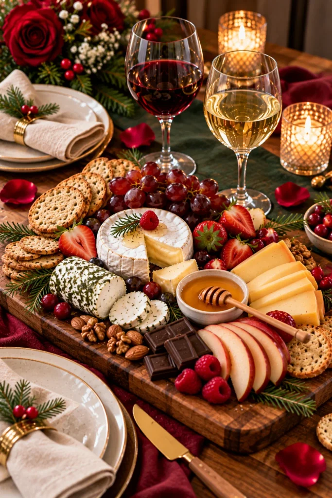 Romantic wine and cheese date night setup for two with Brie, Gouda, strawberries, red grapes, chocolate, honey, two wine glasses, candlelight, and elegant Christmas-inspired decor.
