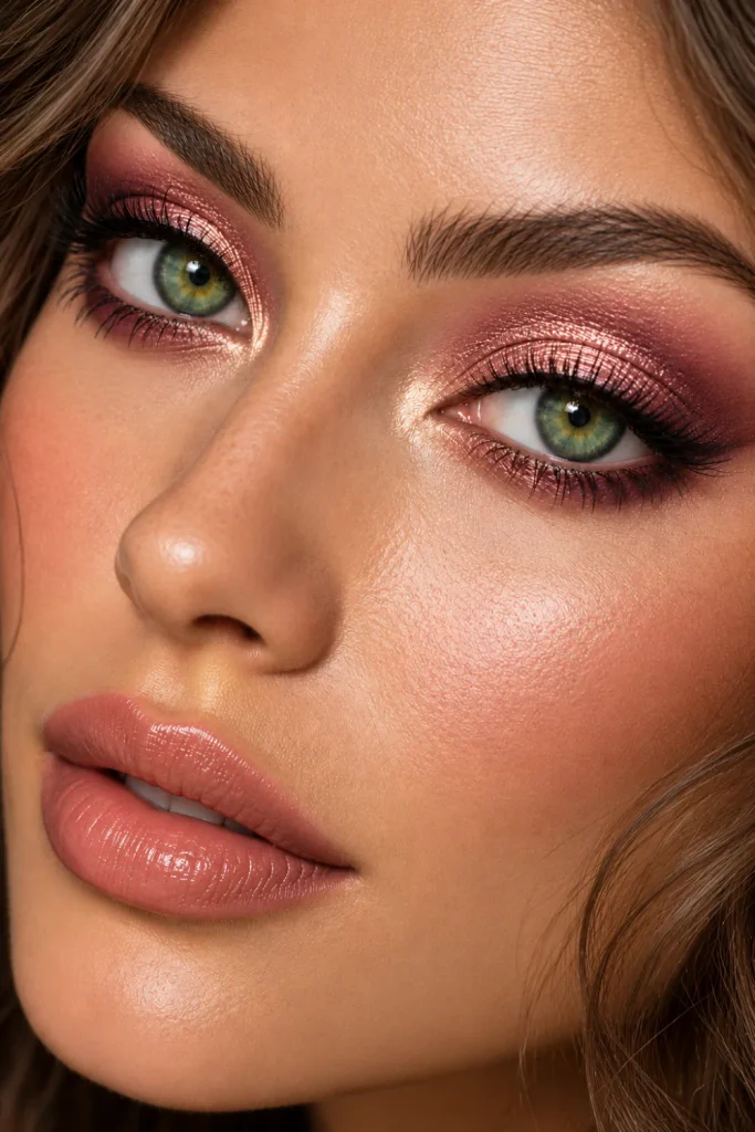 Rose gold and mauve eye makeup for green eyes featuring luminous rose-gold shimmer, dusty mauve crease shadow, delicate brown eyeliner, and curled lashes for romantic soft glam.