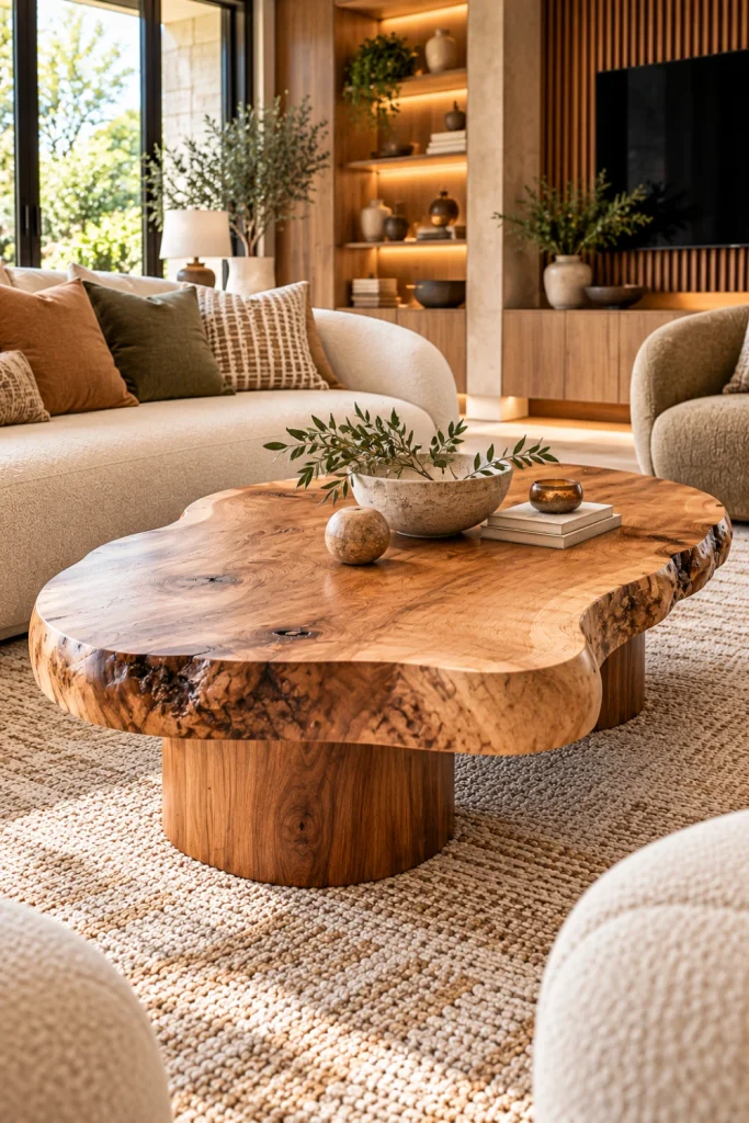Rounded live-edge coffee table in a soft, modern, organic living room with curved sofa, accent chair, textured rug, ceramic bowl, books, and warm luxury decor
