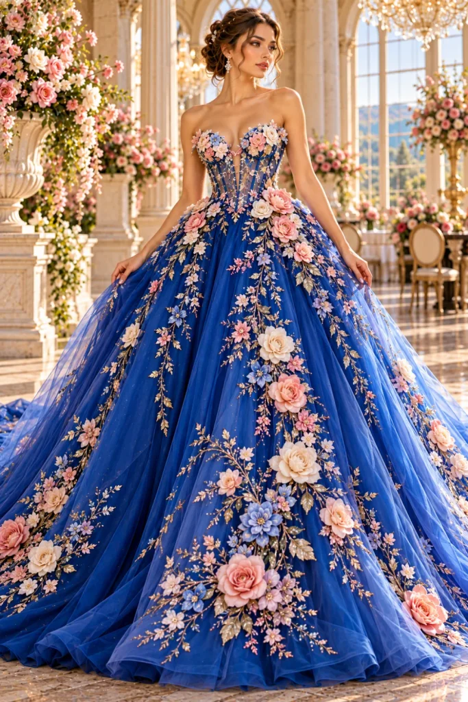 Royal blue princess-style floral embroidered ball gown with ivory roses, pink floral appliqués, a fitted corset bodice, and a voluminous tulle skirt.