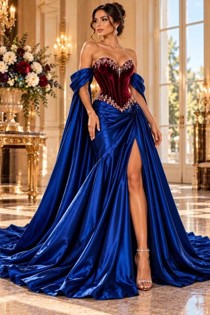 Royal-blue satin and burgundy velvet corset gown with a sculpted Basque waist, elegant off-the-shoulder sleeves, crystal accents, and a dramatic floor-length skirt.