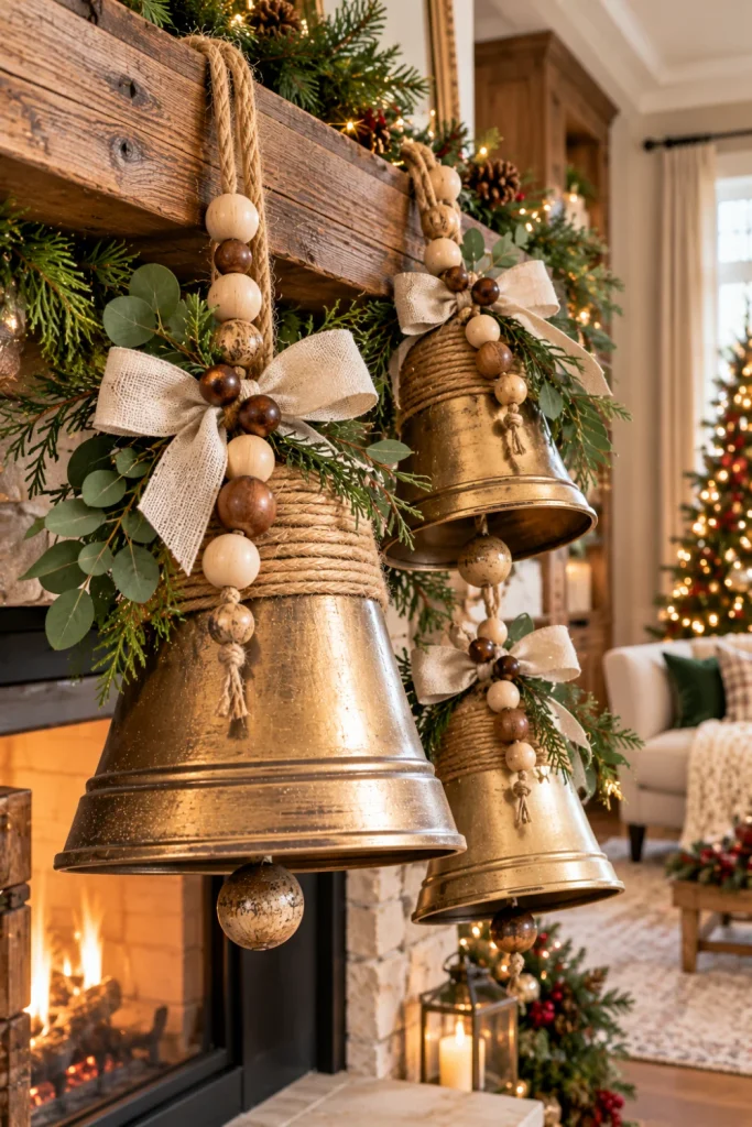 Rustic farmhouse DIY Christmas bells decorated with natural jute twine, wooden beads, eucalyptus sprigs, and neutral ribbon on a cozy modern Christmas mantel.