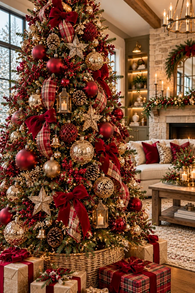 Rustic red and gold Christmas tree ideas featuring cranberry baubles, antique-gold ornaments, wooden stars, red plaid ribbon, natural pinecones, warm lights, and a cozy modern farmhouse living room with wood furniture and an ivory rug.