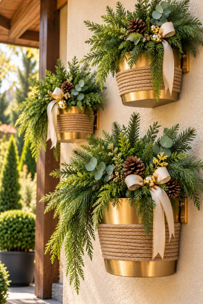 Rustic gold and jute-rope wall planters filled with lush evergreen Christmas greenery and natural pinecones against a warm beige outdoor wall, creating an elegant handmade holiday garden display.