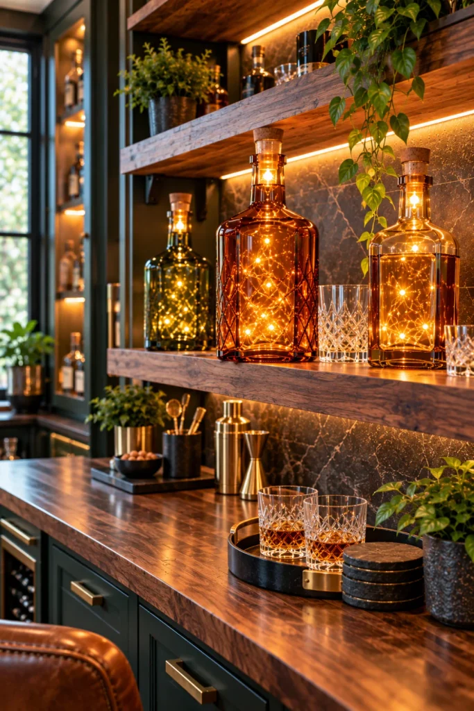 Rustic home bar accent lighting using empty whiskey bottles with warm LED inserts on modern floating shelves above a dark wood bar counter.