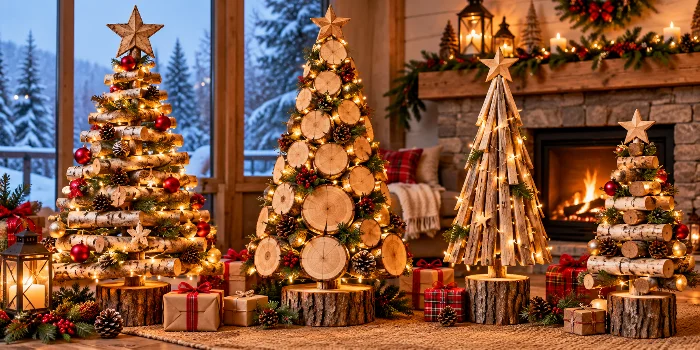 Rustic log Christmas trees decorated with warm fairy lights, red and gold ornaments, pinecones, and wooden stars in a cozy cabin, showcasing charming DIY Christmas tree ideas for woodland holiday decor.