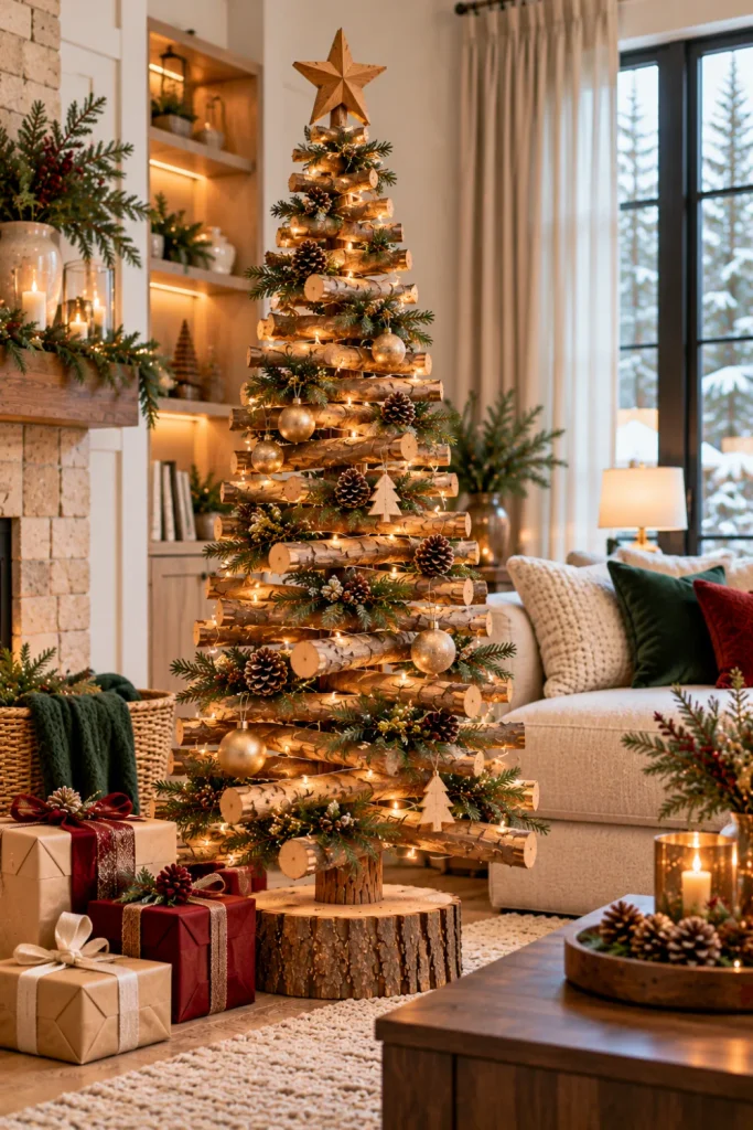 Rustic log Christmas tree with natural wood branches, warm fairy lights, pinecones, and elegant modern farmhouse holiday decor in a cozy living room.