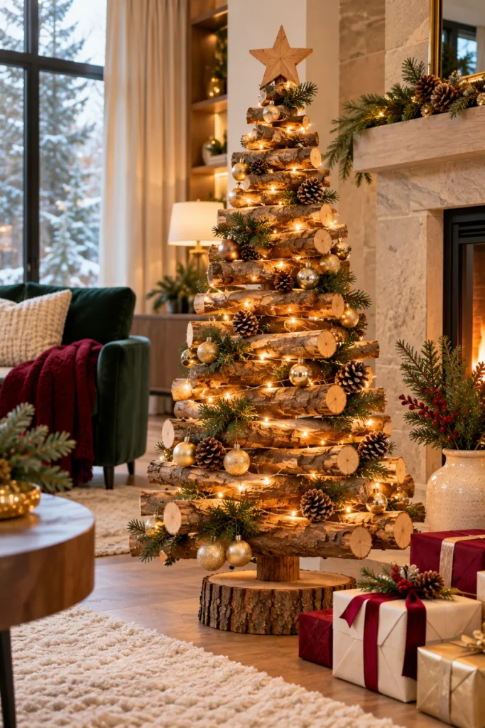 A rustic log Christmas tree wrapped in warm-white fairy lights with natural pinecones and evergreen accents in a cozy, modern, woodland-inspired living room.