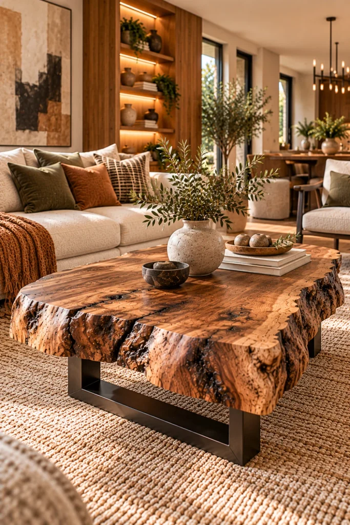 Rustic-modern live-edge coffee table as a focal point in a sophisticated organic modern living room with contemporary sofa, modern lighting, textured rug, simple artwork, and earthy styling