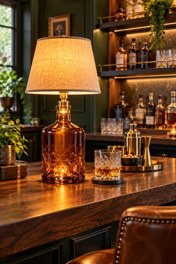 Rustic whiskey bottle lamp for a vintage speakeasy home bar featuring an amber glass bottle, a classic fabric shade, dark wood, and warm accent lighting.