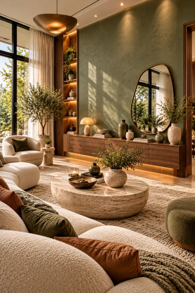 Modern luxury living room with a muted sage green accent wall, natural oak furniture, cream boucle seating, olive tree decor, travertine coffee table, and elegant warm lighting.