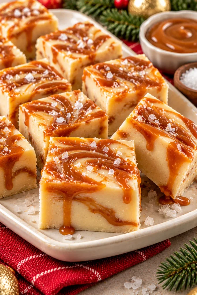 Salted caramel Christmas fudge made with creamy white chocolate, thick golden caramel swirls, and flaky sea salt, cut into elegant homemade holiday dessert squares.