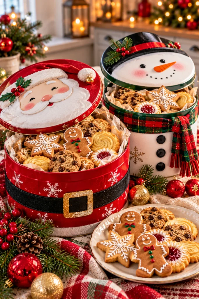 Santa and snowman Christmas cookie tin makeovers with red, white, and green decorations, homemade gingerbread people, snowflake biscuits, and festive shortbread for upcycled holiday gifts.
