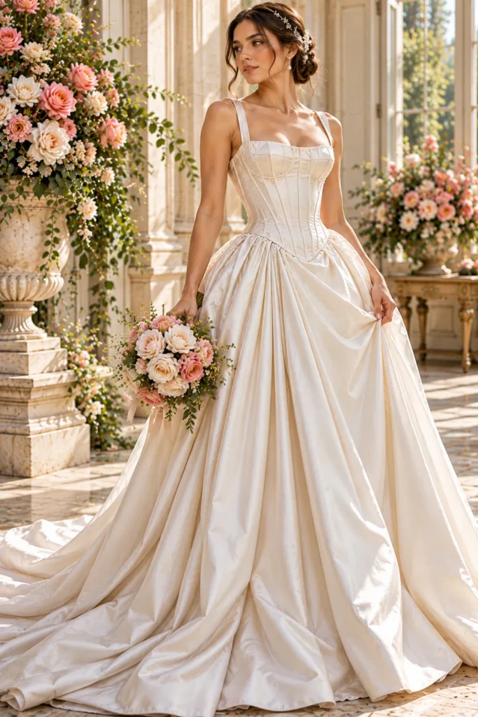 Ivory satin corset wedding gown with a structured bodice, elegant square neckline, sculpted waist, and flowing skirt in a refined vintage-inspired bridal setting.