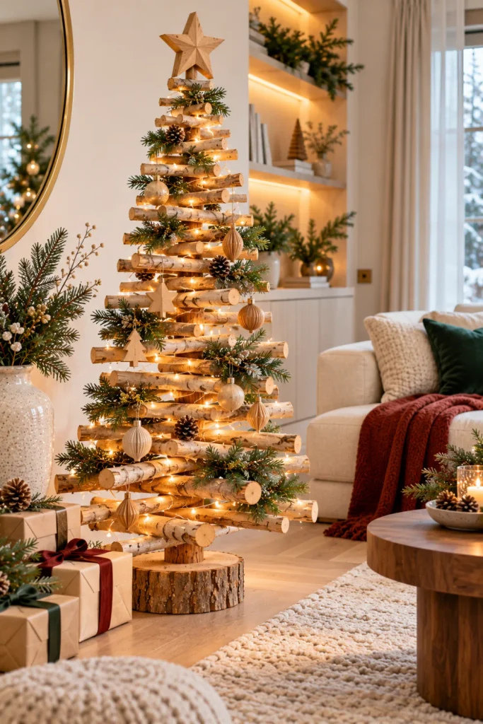 Scandinavian rustic log Christmas tree with pale natural wood, minimal evergreen greenery, wooden ornaments, and neutral Nordic Christmas decor in a bright modern living room.