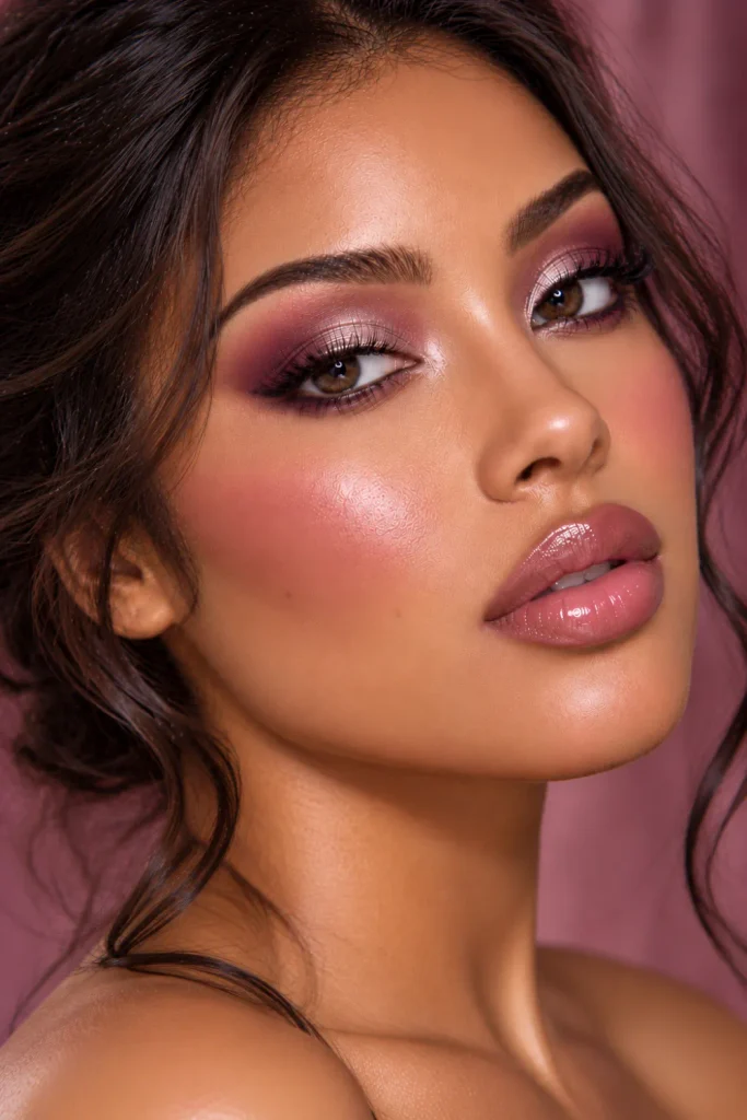 Shimmering mauve halo-eye makeup with deeper mauve at the inner and outer eyelid corners, luminous champagne-pink center shimmer, softly defined lashes, and glossy rose lips.