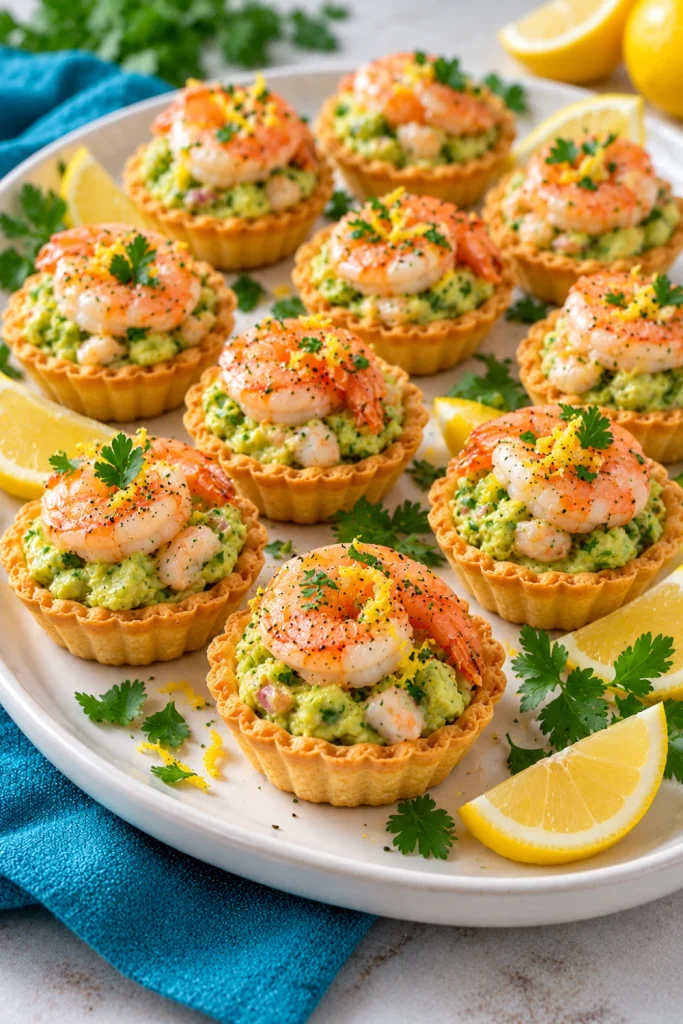 Shrimp and avocado tartlets topped with juicy cooked shrimp, creamy green avocado, fresh coriander, and lemon zest in crisp golden pastry shells for elegant party appetizers.
