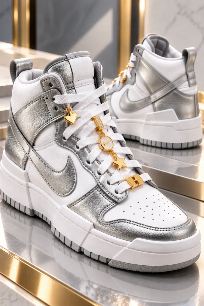 Silver and white Nike Dunk High Disrupt sneakers with polished gold lace charms, metallic silver overlays, bright white panels, and a bold mixed-metal chunky sneaker design.
