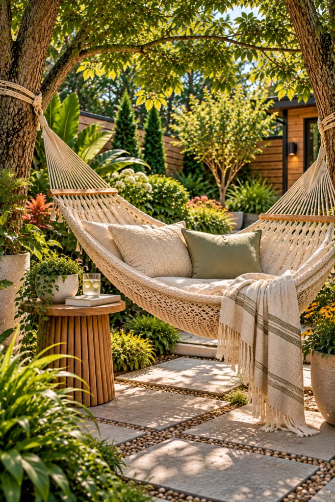 Simple modern backyard hammock escape with comfortable tree-hung hammock, low-maintenance greenery, natural wood accents, clean landscaping, and practical outdoor accessories.