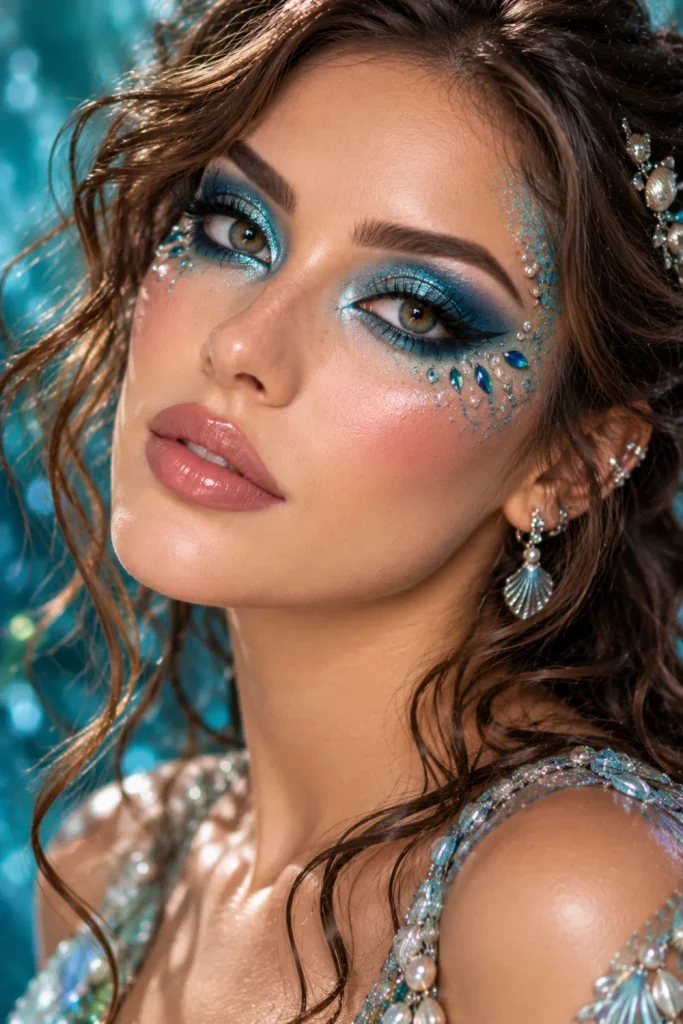Siren Halloween makeup with shimmering teal and ocean-blue eyeshadow, reflective silver highlights, elongated winged eyeliner, glossy lips, and luminous skin.