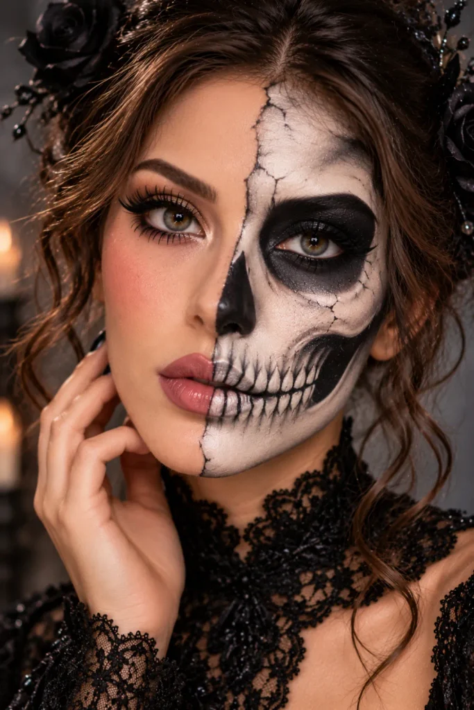Half-face skeleton Halloween makeup with precise black skull lines, dark eye socket detailing, sculpted cheekbone shading, and contrasting glamorous makeup.