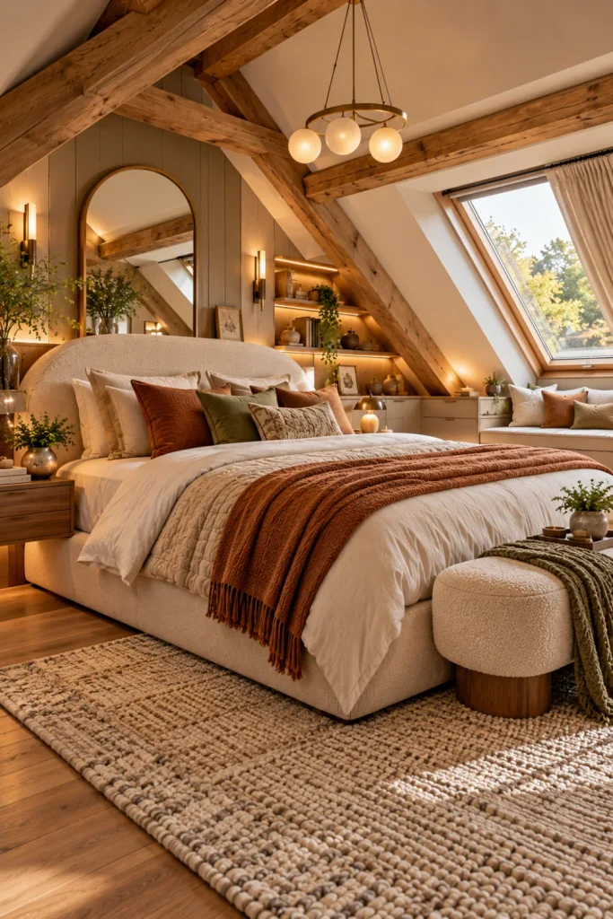 Sloped-ceiling attic bedroom with exposed natural wood beams, ivory upholstered bed, custom eave storage, skylight, modern chandelier, and layered lighting.