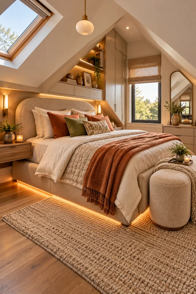 Small modern attic bedroom with low-profile bed, built-in eave storage, floating shelves, full-height mirror, textured rug, and warm layered lighting.