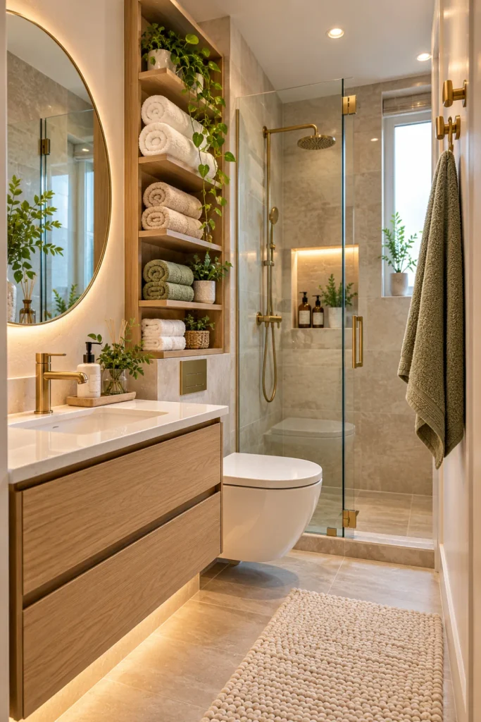 Small bathroom towel storage ideas featuring narrow wall-mounted shelves, neatly rolled white towels, compact brass hooks, a floating vanity, and a bright modern bathroom with space-saving decor.
