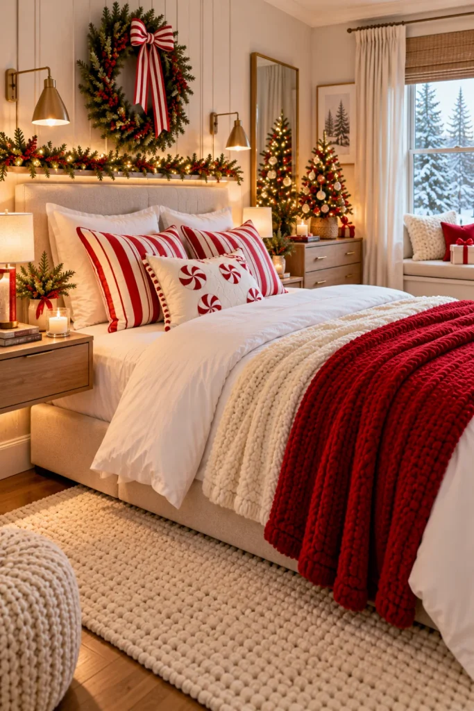 Cozy Christmas bedroom decor ideas for a festive retreat in a small modern bedroom featuring peppermint pillows, a compact Christmas tree, white bedding, red accents, floating bedside cabinets, and space-saving holiday decorations.